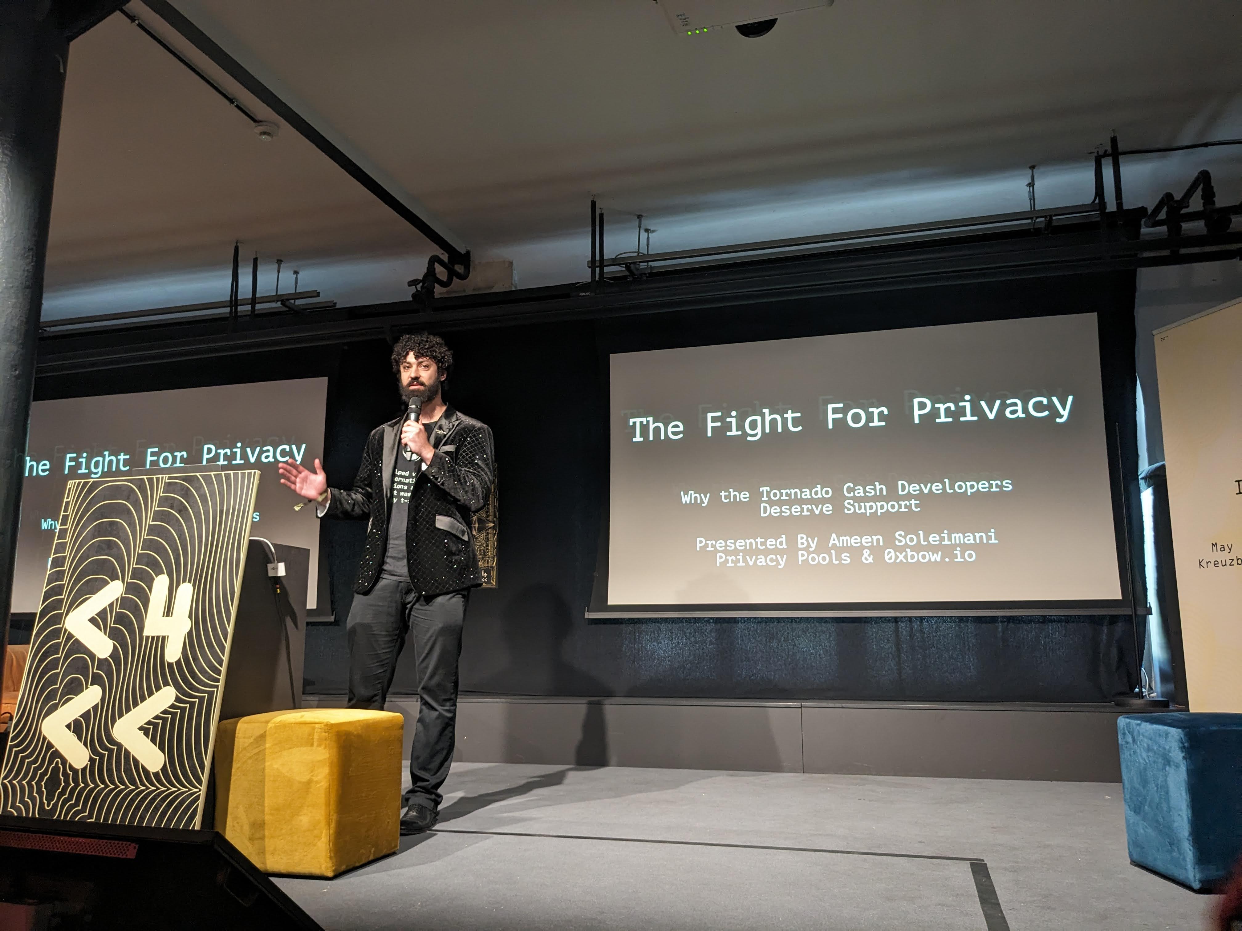Ameen Soleimani, strategic advisor at 0xbow and co-founder of MolochDAO and Reflexer Finance, discussing the Tornado Cash case. Photocredit: Liam Kelly/DL News.