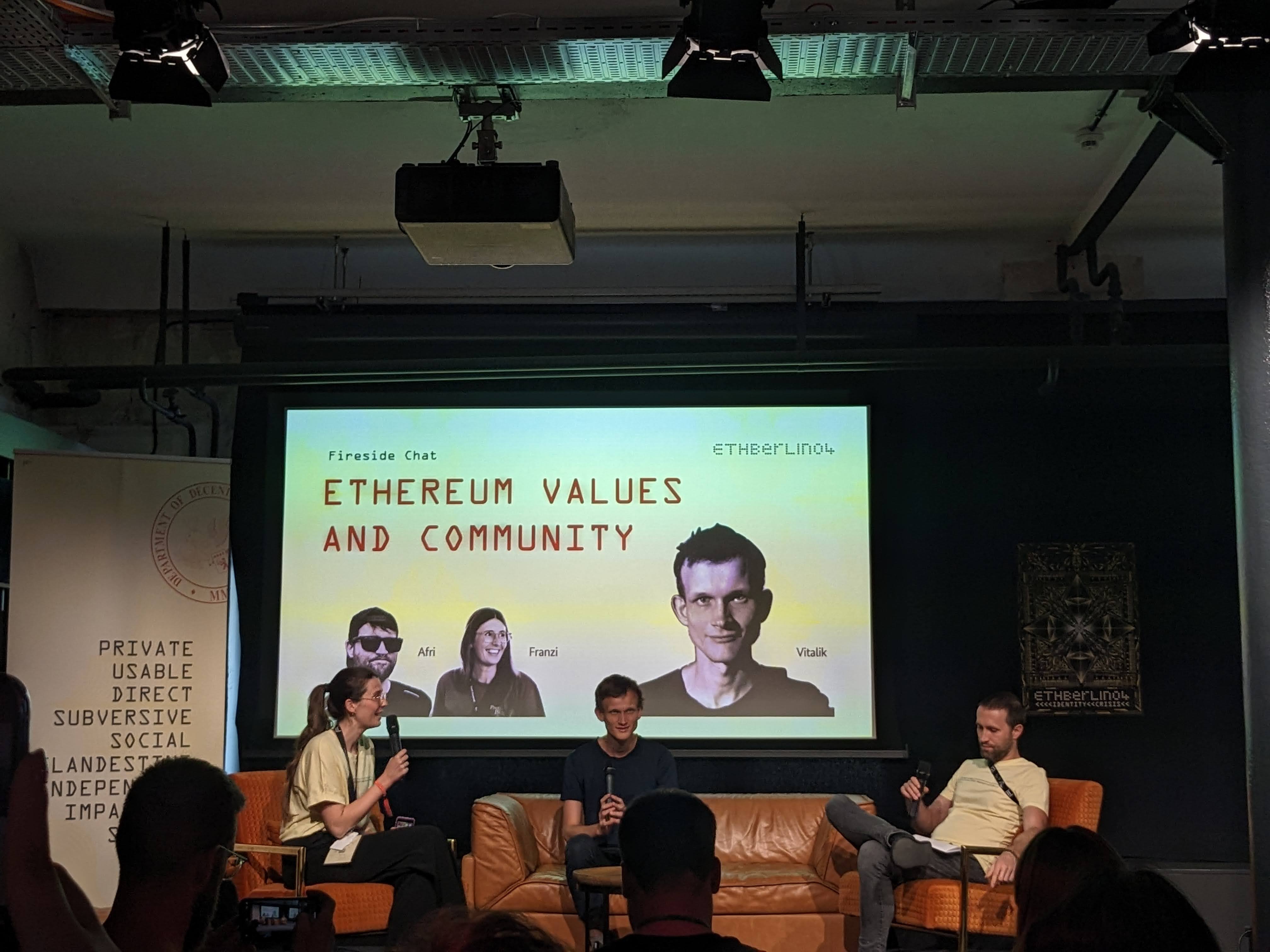 Vitalik Buterin (centre) discussed Ethereum's vision, then and now, in a discussion at ETHBerlin. Photocredit: Liam Kelly/DL News.