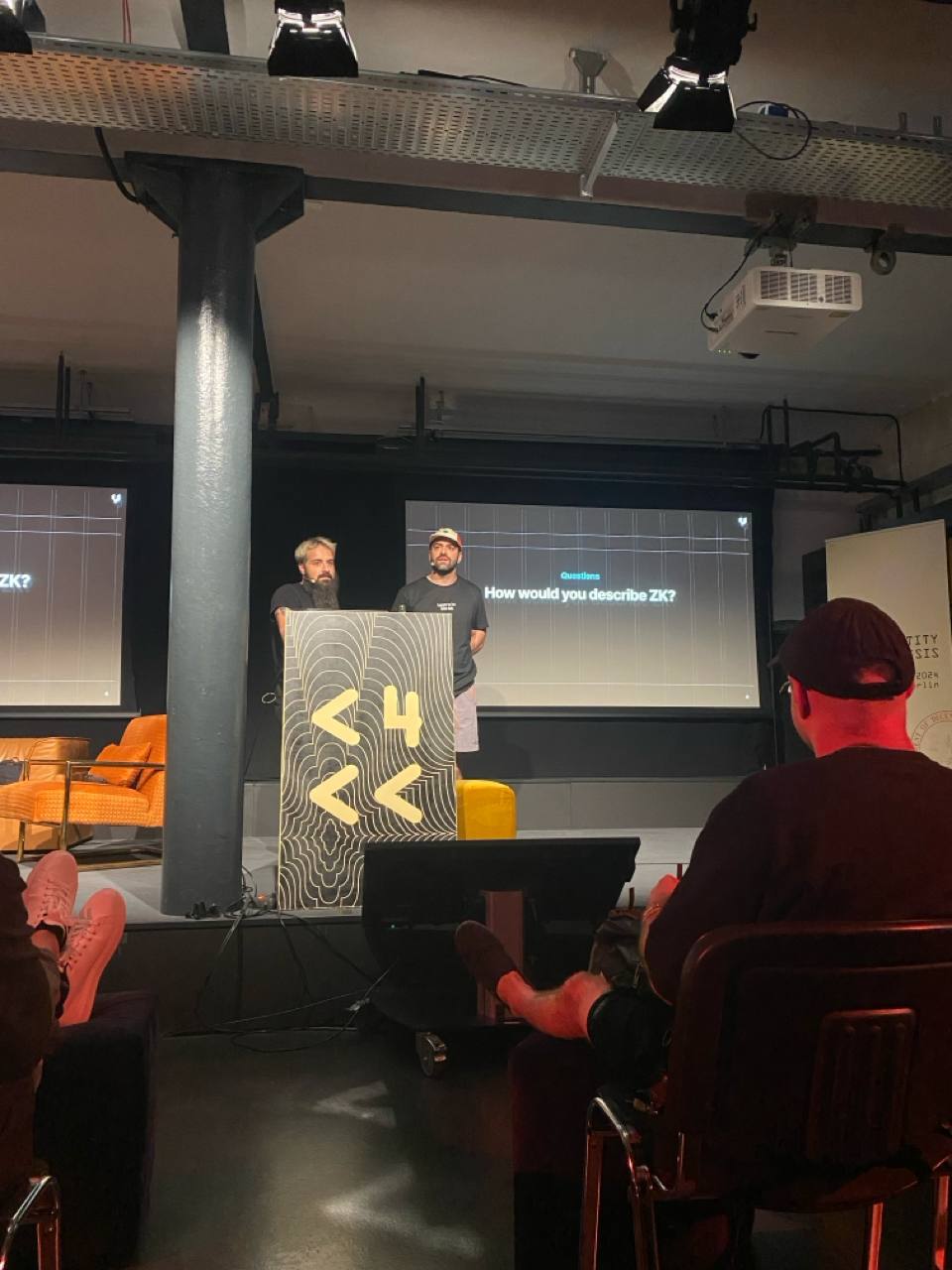 Co-founder and CPO of ChainSafe Gregory Markou and developer at Phylax Systems Odysseas Lamtzidis speaking on stage at ETHBerlin. Photocredit: ETHBerlin